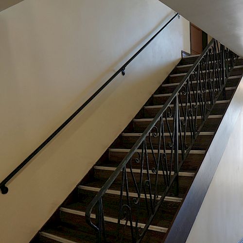 The image shows an indoor staircase with a black handrail and decorative iron railing. Natural light enters through a glass door at the bottom.