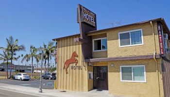 A small hotel with a yellow exterior featuring a horse logo is shown; palm trees and parked cars are visible in the background.